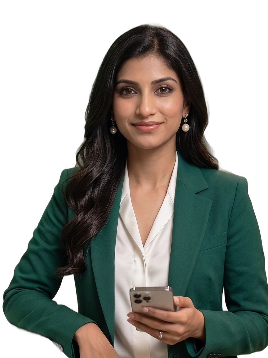 Simran, Lead Rescue's AI receptionist, holding a phone